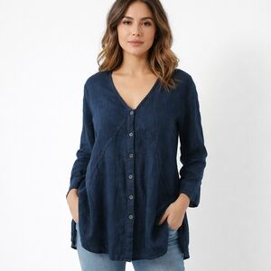 FLAX 100% Linen V-Neck Button Tunic Top | Navy Blue | Relaxed Boho Minimalist M